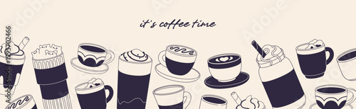 Design of banner with border from outline cups of coffee. Template with frame from sketch of mugs of coffe drinks with milk and ice. Glasses of coffeehouse beverages. Flat vector illustration