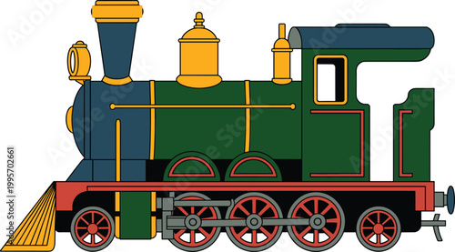 Vintage steam locomotive, classic railway engine, antique train design, retro transport artwork, colorful mechanical wheels, nostalgic railway scene, historic locomotive illustration