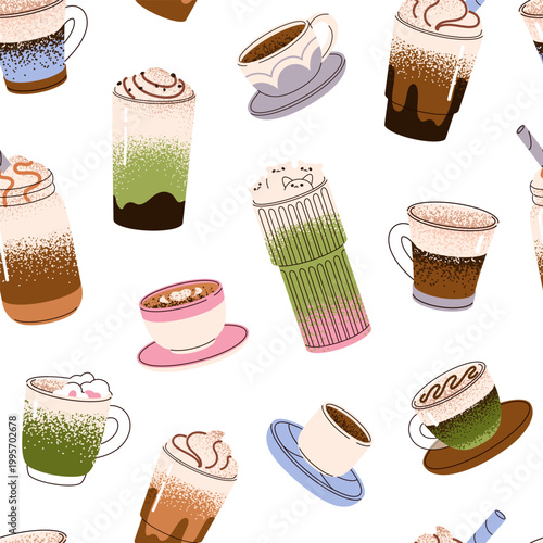 Repeatable pattern of different coffees. Endless background of cups of hot and iced coffe drinks, mugs of beverages with milk- cappuccino, mocha, latte, macchiato. Flat seamless vector illustration