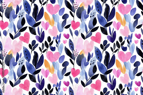 Floral watercolor pattern: An eye-catching seamless repeat pattern of colorful blooms and hearts that encapsulates both nature and romance, evoking feelings of love and serenity.