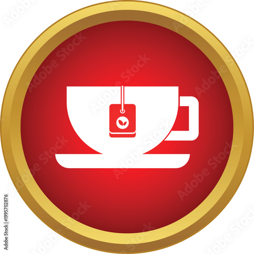 Tea cup with a teabag and saucer in a bold red circle with a gold frame