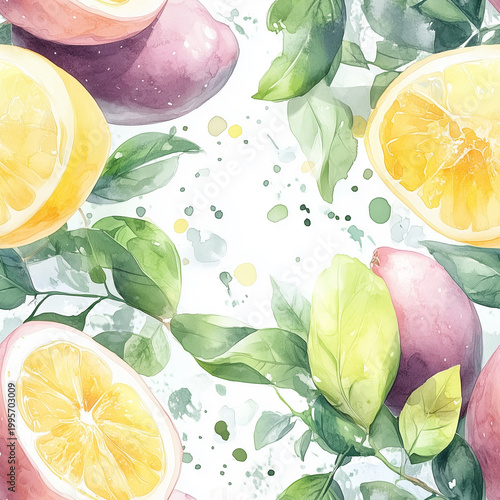 Zesty Citrus Burst: A vibrant watercolor artwork featuring a medley of fresh lemons and plums, complemented by lush green leaves, evokes the essence of a refreshing summer day.