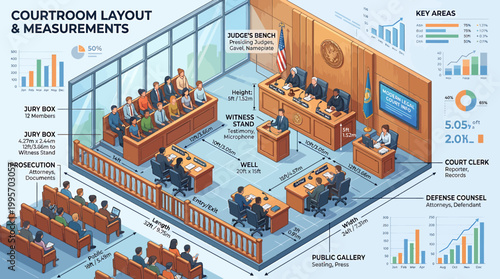 Isometric courtroom layout and measurements infographic, legal justice system floor plan with jury box and judge bench, professional law office vector