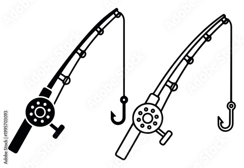 Fishing rod with hook and float black silhouette
