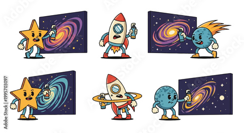 Cartoon characters spray painting cosmic scenes illustrations