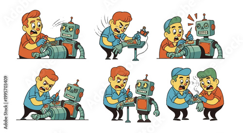 Cartoon characters spraying abstract swirl artworks on display