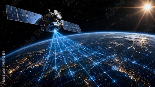 Satellite transmitting global data network over Earth at night with city lights
