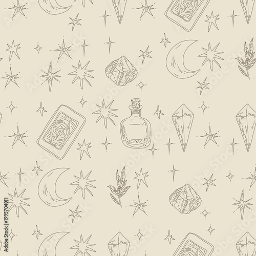 Esoteric seamless pattern creating a mystical background with celestial moon and star elements, illustrating magic, occultism, and psychic divination with crystals, a potion bottle, and a tarot card