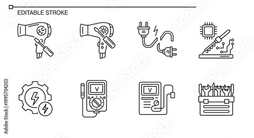 Editable stroke icons for industrial and technology concepts.