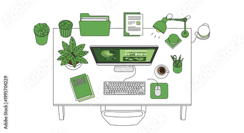A green office workspace with computer and plants.