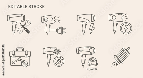 editable stroke icons of power tools.