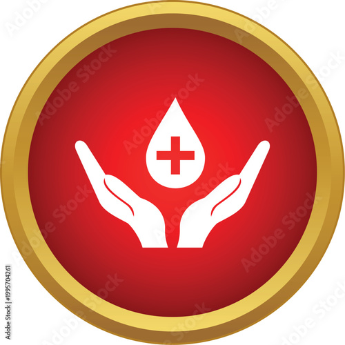 Hands holding a white blood drop with a red cross on a red and gold circular background