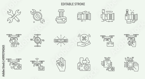 Editable stroke icons for technology and tools.