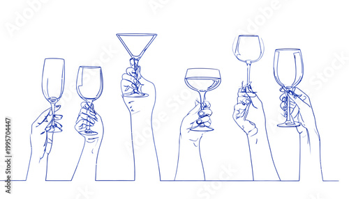 다양한 칵테일 잔을 들고 축하하는 손들의 라인 아트 일러스트레이션