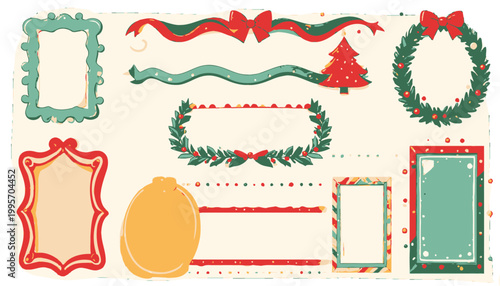 크리스마스 장식 요소 디자인 템플릿: 리본, 화환, 액자, 트리, 패턴, 홀리데이 시즌 그래픽