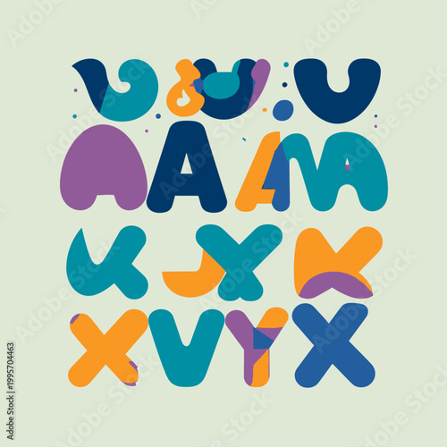 다채로운 색상의 추상적인 글자 모양과 패턴으로 구성된 현대적인 그래픽 디자인