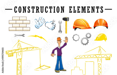 Set of industrial icons. Construction elements, workman and building cranes. 3D and sketch style