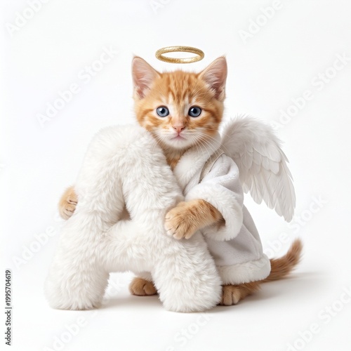 little cute kitten with Angel costume holding fluffy A letter, isolated on white