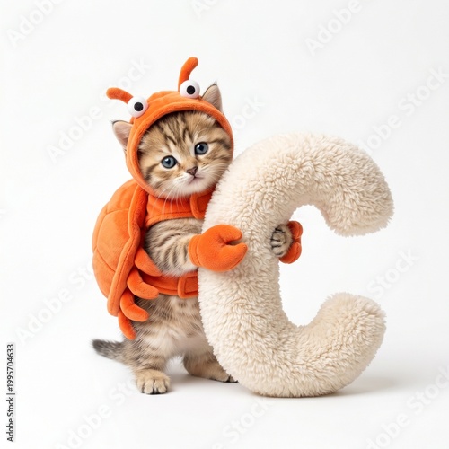 little cute kitten with crab costume holding fluffy white C letter
