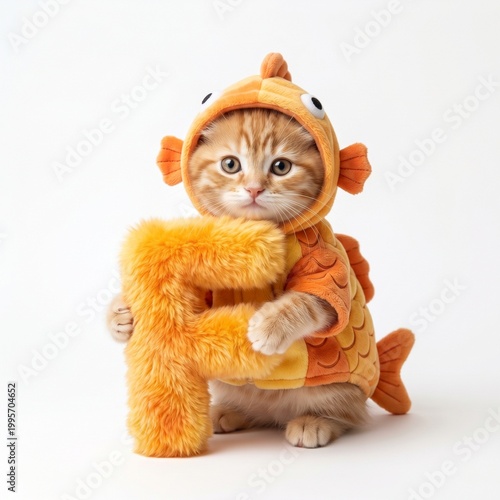 little cute kitten with fish costume holding fluffy orange F letter