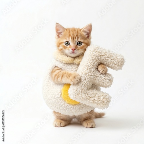 little cute kitten with white egg costume holding fluffy E letter