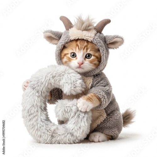 little cute kitten with goat costume holding fluffy G letter