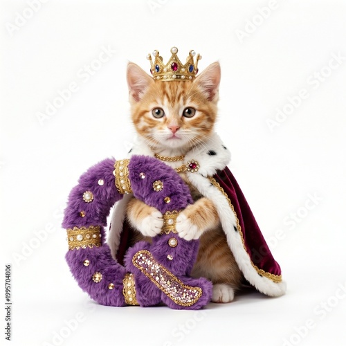 little cute kitten with queen costume holding fluffy Q letter