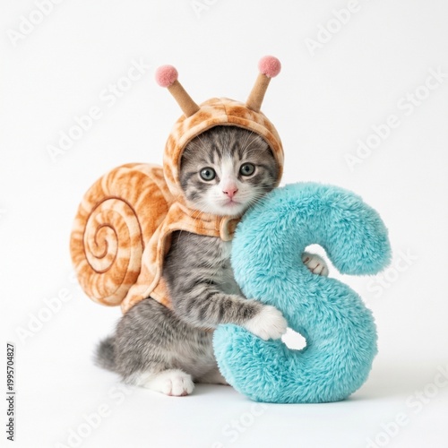 little cute kitten with snail costume holding fluffy blue S letter