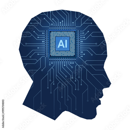 AI microchip on brain illustration. Digital brain with AI chip and circuit. Head and computer chip. Digital brain illustration. Circuit network forms the head
