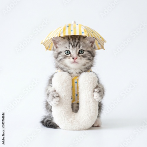 little cute kitten with umbrella costume holding fluffy white U letter
