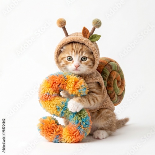 little cute kitten with snail costume holding fluffy S letter