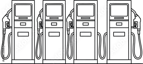 Line art illustration of four gas pumps at a fueling station