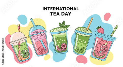 International Tea Day Banner with Various Modern Tea Drinks, Matcha Latte, Bubble Tea, and Iced Fruit Tea Illustrations on Pastel Background