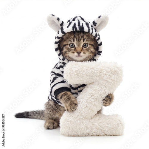 little cute kitten with zebra costume holding fluffy Z letter