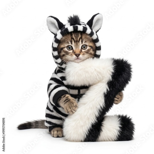 little cute kitten with zebra costume holding fluffy white Z letter