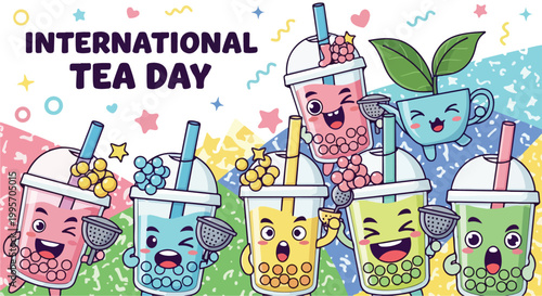 Kawaii International Tea Day Banner with Cute Cartoon Boba Milk Tea Cups, Bubble Tea Characters, and Colorful Abstract Memphis Background