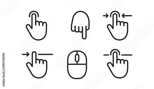 Set of computer mouse and hand gesture icons for touch screen interface and web navigation