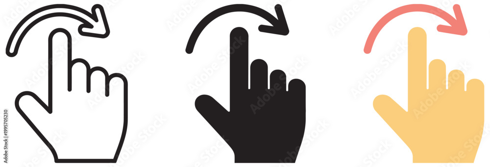 Fototapeta premium Swipe right gesture icons with hand cursor in outline, solid and flat color design styles