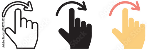 Swipe right gesture icons with hand cursor in outline, solid and flat color design styles