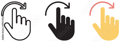 Swipe right gesture icons with hand cursor in outline, solid and flat color vector set