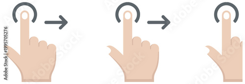 Set of three finger swipe gestures with arrows indicating rightward movement on white background