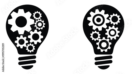 Light bulb filled with gears symbolizing mechanism silhouette on white background vector illustration, innovation engineering concept representing mechanical thinking idea generation problem solving 
