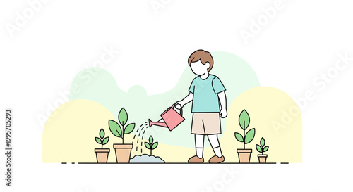 Boy watering plants with pink kettle.