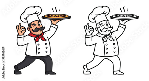 Cheerful cartoon chef presenting a delicious hot pizza with a perfect sign of approval