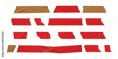 Set of various strips of red and brown adhesive tape isolated on a plain surface