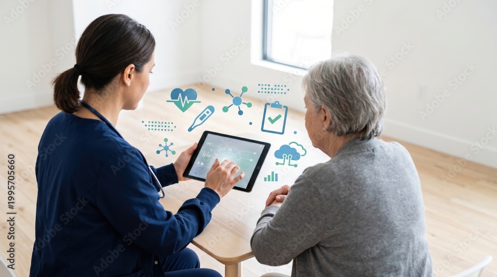 Obraz premium Overhead view of nurse showing medical data on tablet to elderly patient with digital health icons overlay healthcare technology concept