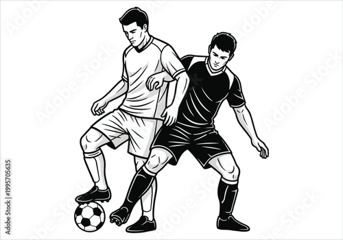 Two football players in a competitive stance during a match, one in a white jersey, the other in a black jersey, with a soccer ball at their feet vector design