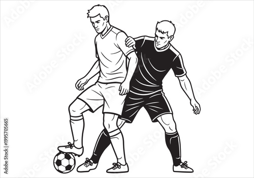 Two soccer players competing for the ball during a sports match, one player is tackling the other in a defensive maneuver vector design