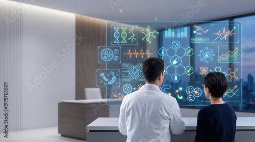 Future healthcare technology holographic medical interface scientists analyzing DNA helix and virus data biometric charts health monitoring dashboard laboratory research screen