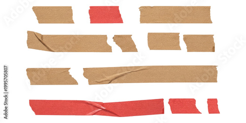 Collection of brown and red adhesive tape strips and pieces on a flat surface